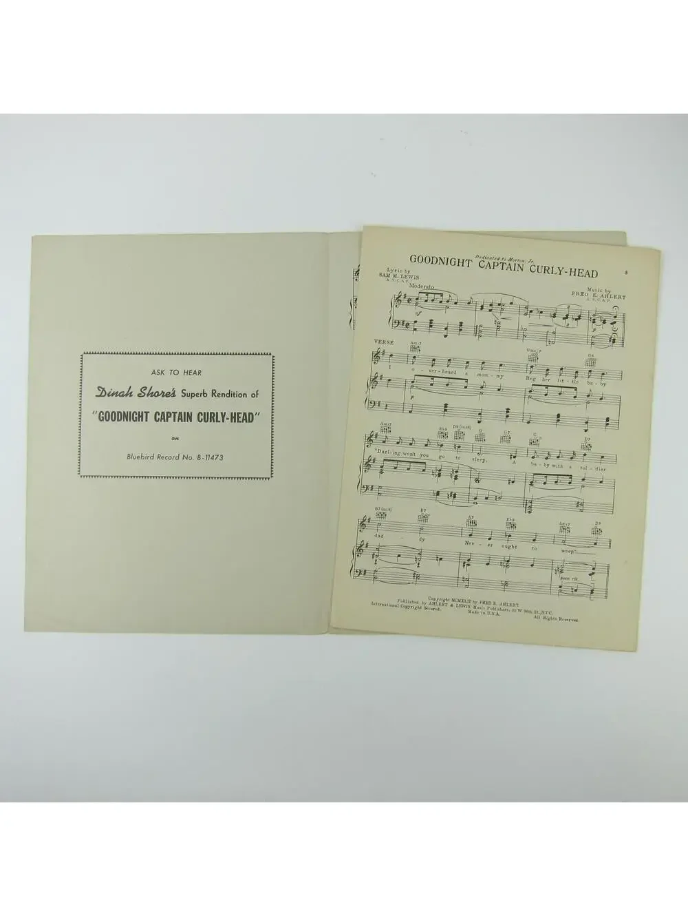 Sheet Music Goodnight Captain Curly Head Ahlert & Lewis WW2 Vintage 1942 RARE